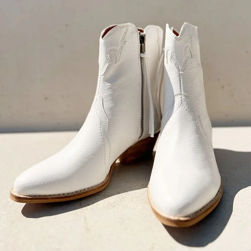 NEW Pointy Toe Stack Block Heel Zip Up Western Ankle Booties Boots Off White - Picture 14 of 16